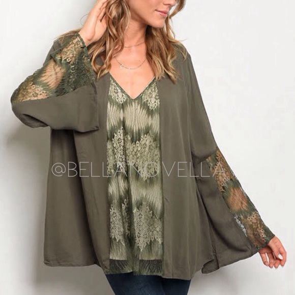 🔴 Sydney Olive Lace Up Bell Sleeve Lace Top - Picture 4 of 7